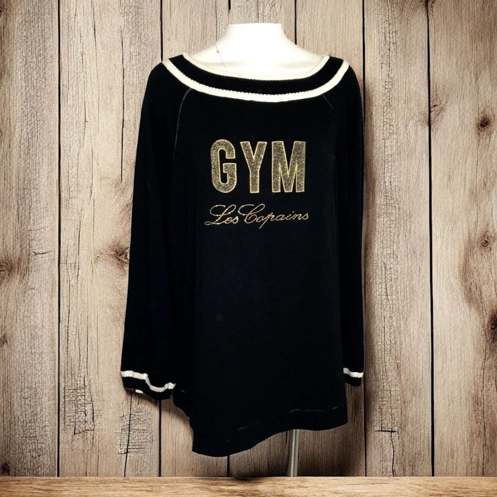 Les Copains Gym Black Knit Sweater Cotton Blend L Gold Embellished Logo Italy